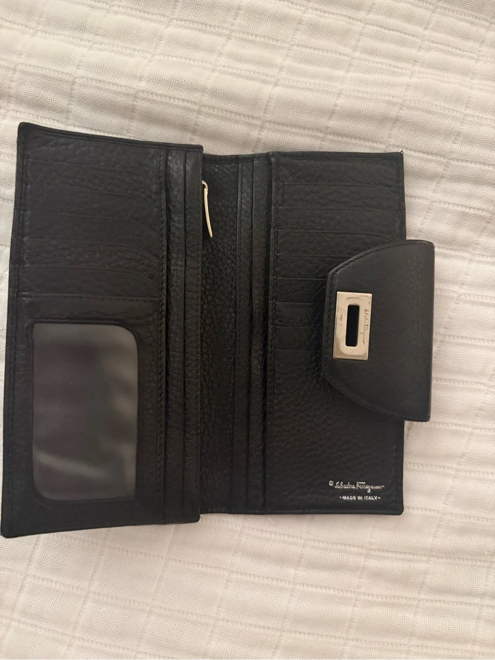 Ferragamo Black Leather Wallet with silver Ring Hardware
